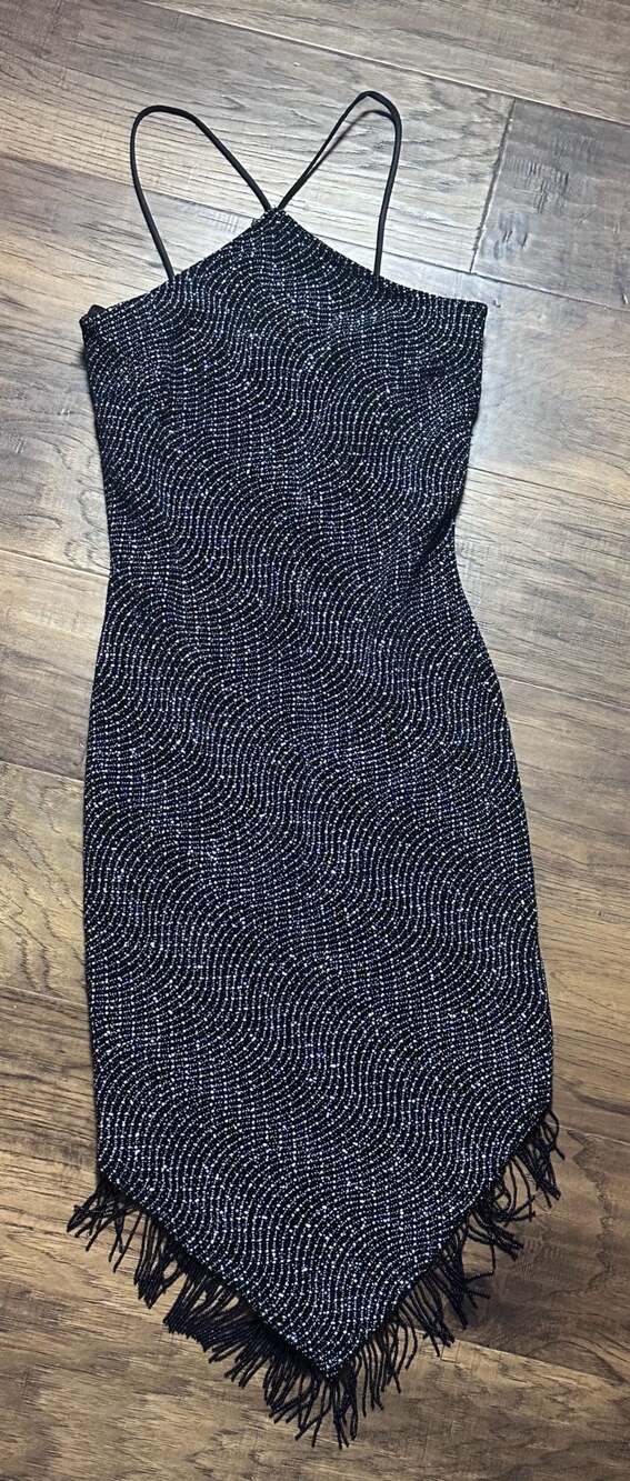 Cache Vintage /Y2K Beaded Fringe Halter Dress Size 4 Black Silver - Picture 2 of 6